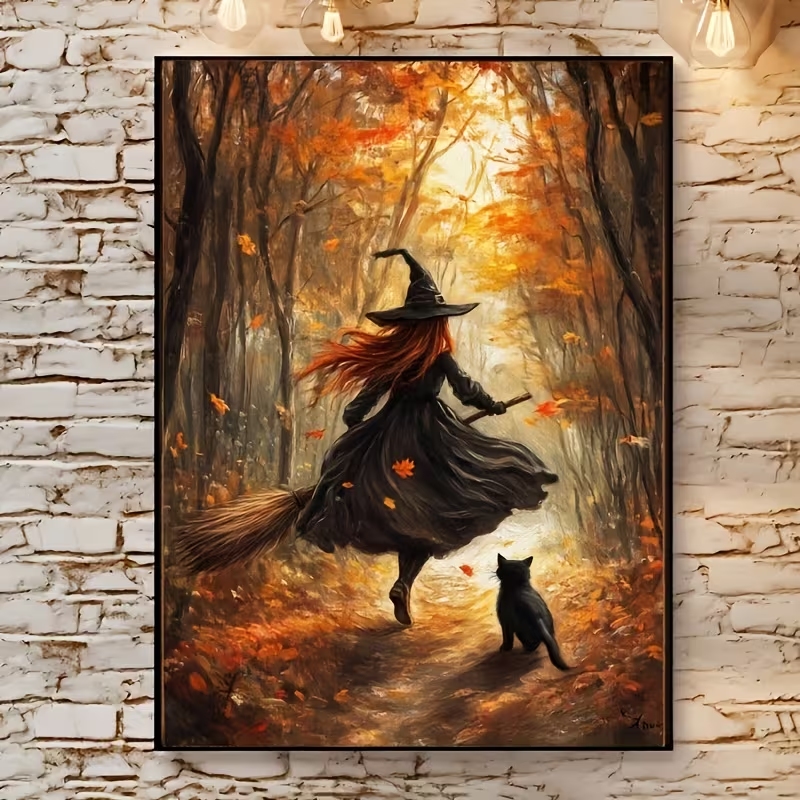 Retro Alloween Autumn Witch On - Resin Art On Canvas ulasan dan harga