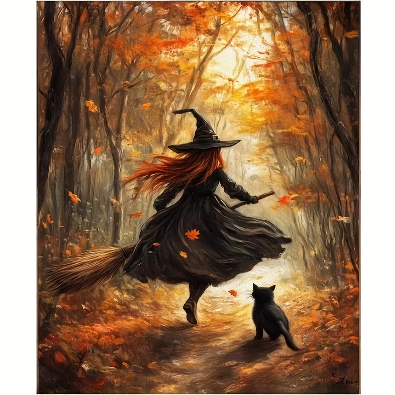 Retro Alloween Autumn Witch On - Resin Art On Canvas ulasan dan harga