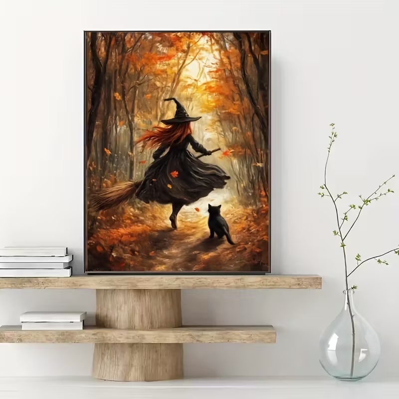 Retro Alloween Autumn Witch On - Resin Art On Canvas ulasan dan harga